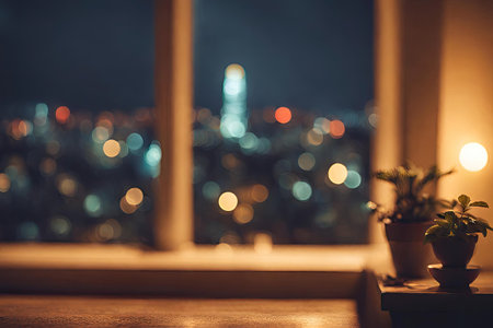 Night city lights bokeh background with window sill and plant.の素材