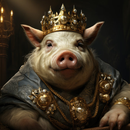 Portrait of a cute little pig wearing a golden crown on a dark background.の素材