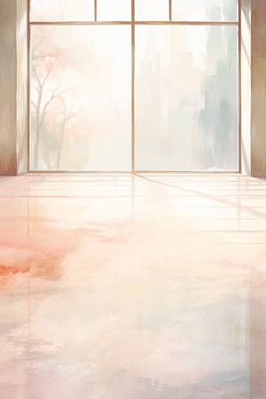 Interior of a room with a large window.の素材