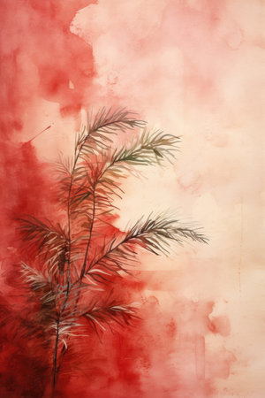 Watercolor branch of a pine tree on a grunge backgroundの素材
