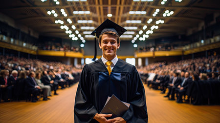 Young male graduate in cap and gown standing in front of the audienceの素材
