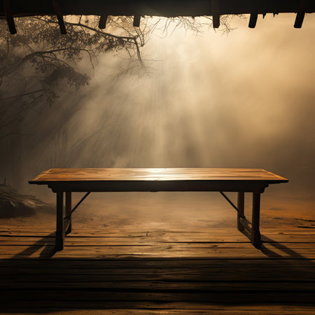 Empty wooden table on the wooden terrace with foggy background.の素材