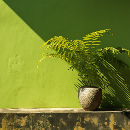 Fern plant in a pot on a concrete shelf against a green wallの素材
