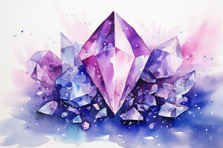 Watercolor crystals on watercolor background. Fantasy illustration.の素材