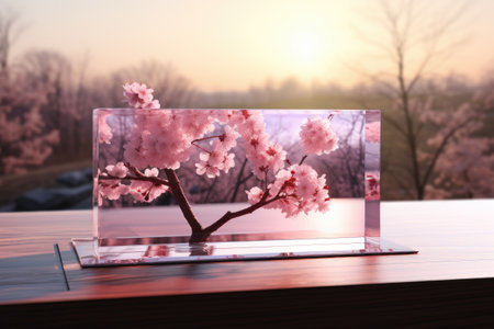 Sakura flowers in glass box on wooden table with nature background.の素材
