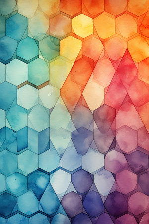 Watercolor abstract background with colorful hexagons.の素材