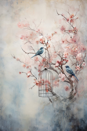 Watercolor birds and birdcage with cherry blossomの素材