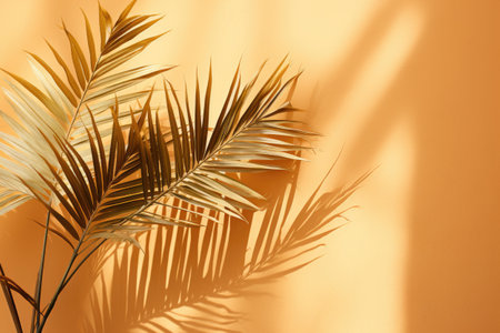 Tropical palm leaf on orange background. Minimal summer conceptの素材