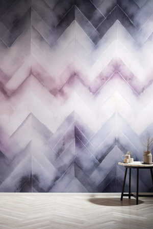 Minimalist interior design with geometric pattern on the wall.の素材