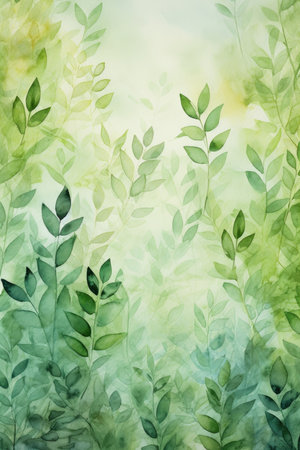 Watercolor background with green leaves.の素材