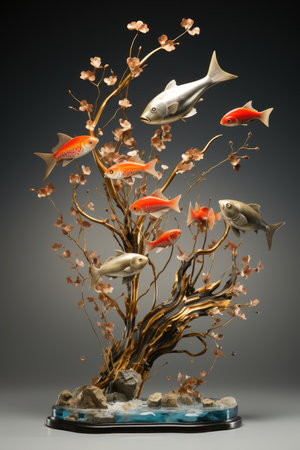 Gold fish in a vase on a gray background.の素材