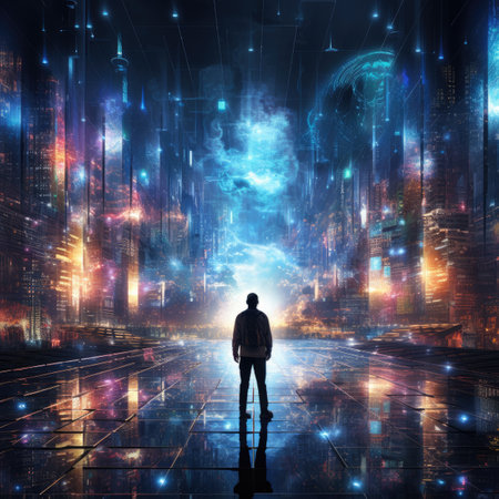 Man in front of futuristic cityscape with glowing lights. Future conceptの素材