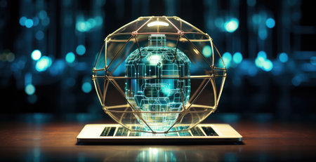 a hologram globe on a laptop with blue bokeh backgroundの素材