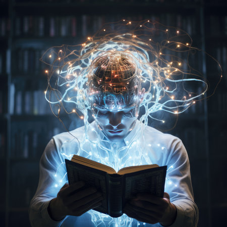 Conceptual image of man reading book in library. Double exposureの素材