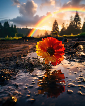 Beautiful flower in a puddle with a rainbow in the backgroundの素材