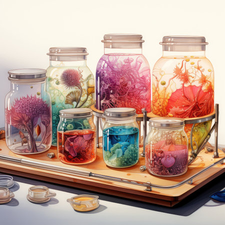 colorful glass jars with different flowers and plants insideの素材