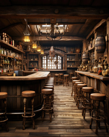 Interior of a vintage pub with wooden walls and wooden floor.の素材