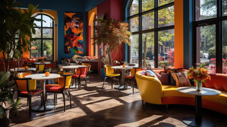 Interior of a restaurant with orange chairs and orange tables and chairsの素材