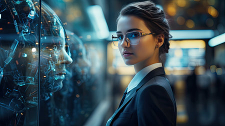 Portrait of a beautiful young woman in a business suit and glasses on the background of a futuristic city.の素材