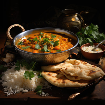 Chicken tikka masala with rice and naan bread. Indian cuisineの素材