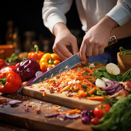 Close up of female hands cutting vegetables on wooden cutting board with knifeの素材