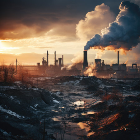 Industrial landscape with smoking chimneys at sunset. Selective focusの素材