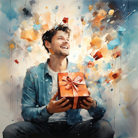 Young happy man holding a gift box in front of abstract background.の素材