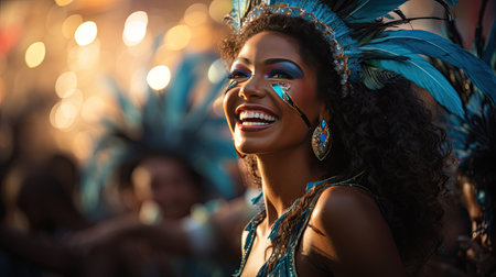 beautiful african american woman in carnival costume smiling at cameraの素材