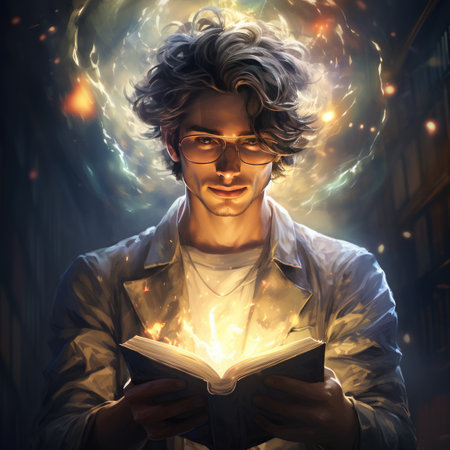 Portrait of a young man reading a book in a dark library.の素材