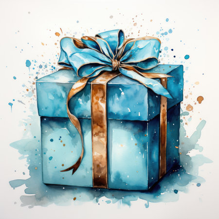 Watercolor Blue gift box with bow on white background.の素材