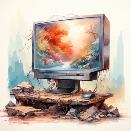 Watercolor Computer monitor with autumn landscape on the background.の素材