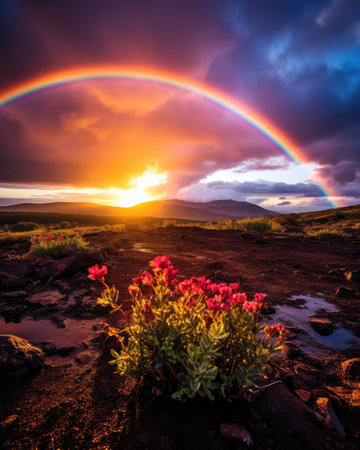 Rainbow over the mountains at sunsetの素材