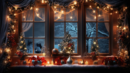 Window with Christmas decorations and garland at night. Christmas holiday concept.の素材
