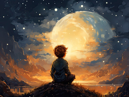 a little boy sitting on a rock looking at the full moonの素材