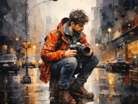 a young man with a camera in the city.の素材