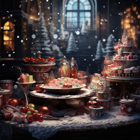Christmas still life with candies and gingerbread cookies in the snowの素材