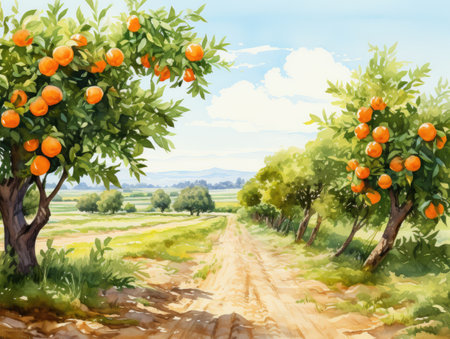 Watercolor Rural landscape with orange trees and roadの素材