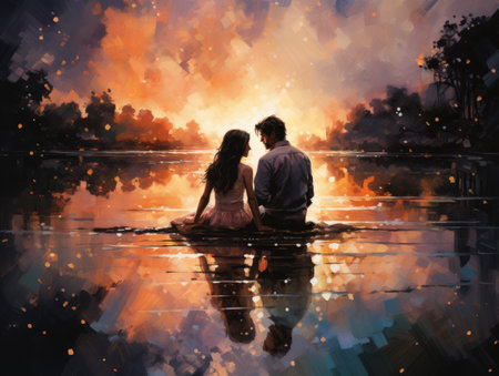 Beautiful young couple in love sitting in the water.の素材