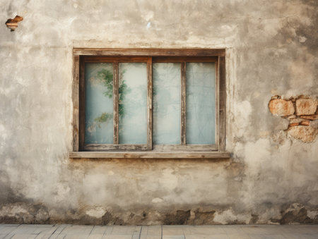 Old wooden window on grunge concrete wall background. Vintage style.の素材
