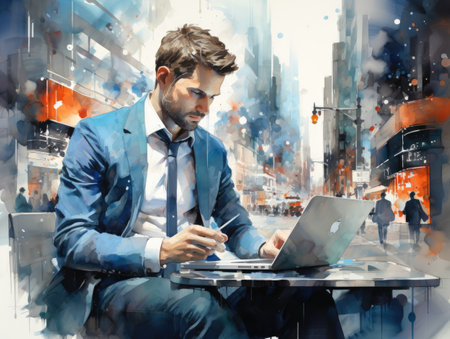 Young businessman working on his laptop in the city.の素材