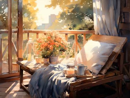 Beautiful terrace in the morning with a view of the cityの素材