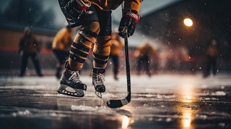 Ice hockey player in action on ice court. Blurred background.の素材