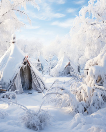 Beautiful winter landscape with a hut in the forest covered with snowの素材