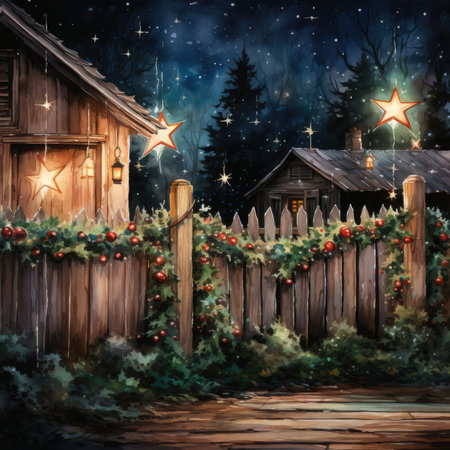 Christmas and New Year background with wooden houses, garland and star.の素材