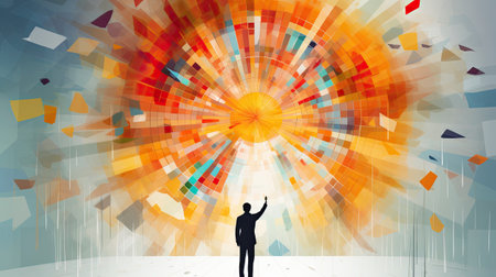 Silhouette of businessman standing with back and looking at abstract colorful backgroundの素材