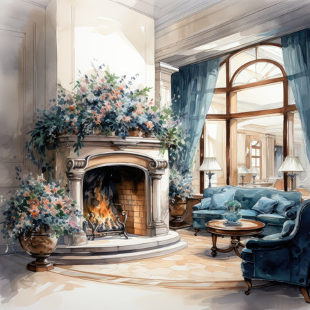 a living room with fireplace and blue armchair.の素材