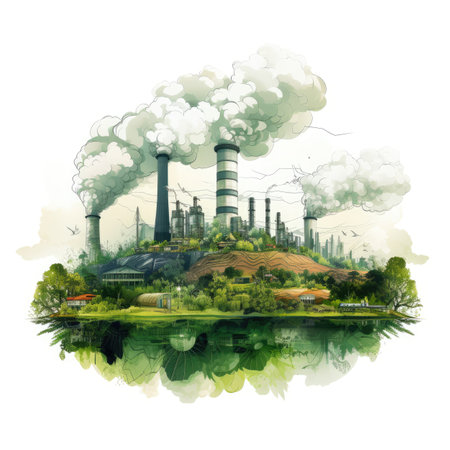 Industrial landscape with power plant on the watercolor.の素材