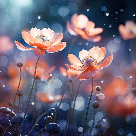 Poppy flowers in meadow with bokeh. Spring nature backgroundの素材