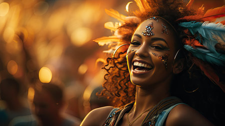 Beautiful african american woman in carnival costume with feathersの素材