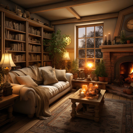 Interior of a cozy living room with a fireplace, a sofa and a bookcase.の素材